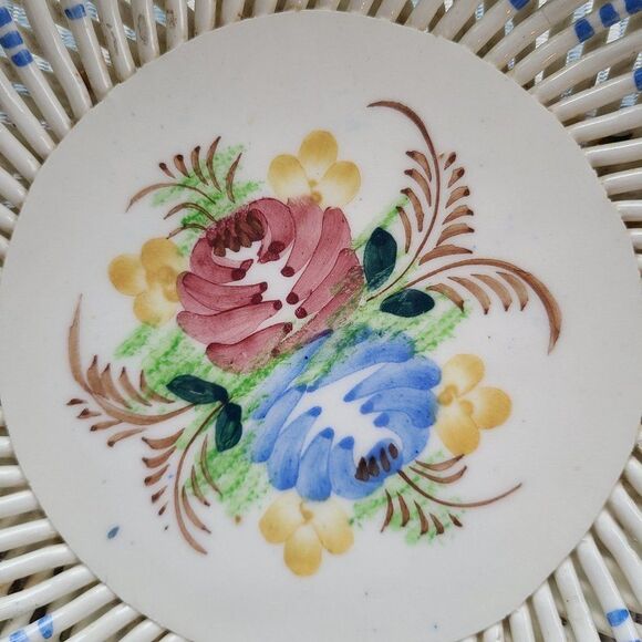 Vintage Reticulated Lattice Decorative Ceramic Bowl Hand Painted Made In Spain - Picture 6 of 15